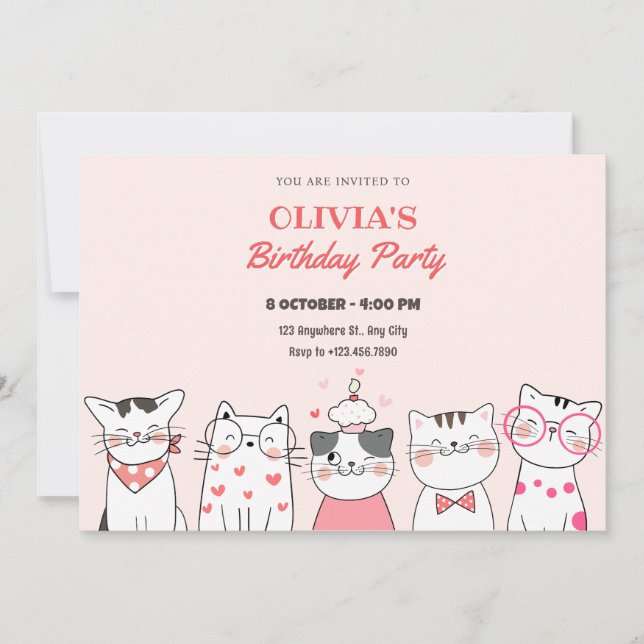 Invitación Cumpleaños de gatos cortos (Anverso)