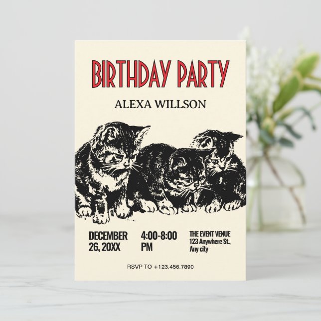 Invitación Cumpleaños de gatos vintage (Anverso de pie)