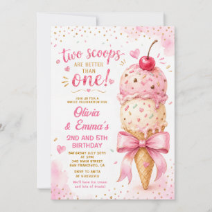 Invitación Cumpleaños de gemelas con dos bolas de helado rosa