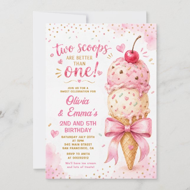 Invitación Cumpleaños de gemelas con dos bolas de helado rosa (Anverso)