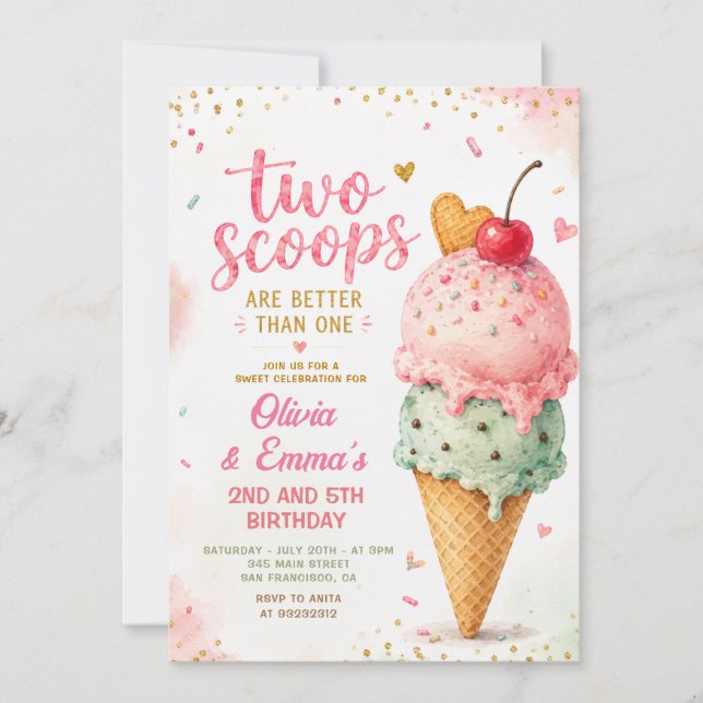 Invitación Cumpleaños de gemelas con helado rosa dos cucharad (Anverso)