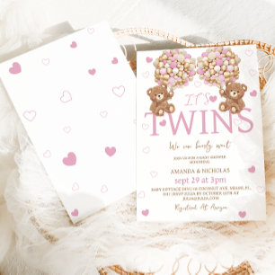 Invitación Cumpleaños de gemelas con osito rosa y globos