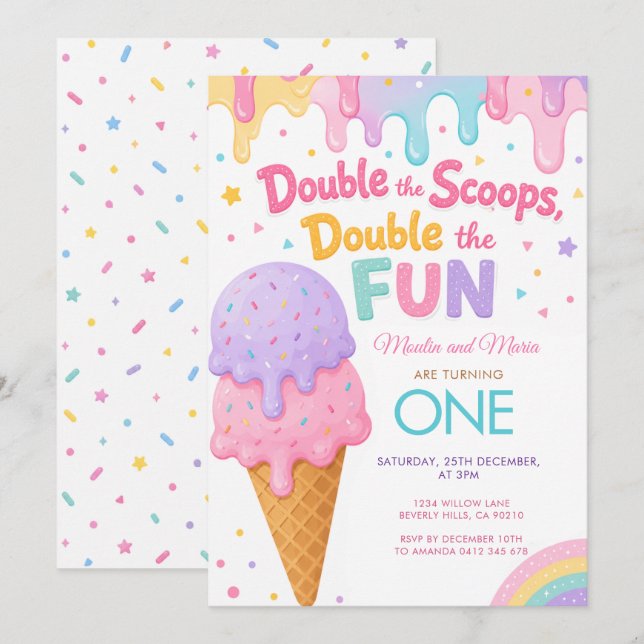Invitación Cumpleaños de gemelas Doble diversión Doble helado (Anverso / Reverso)