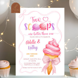 Invitación Cumpleaños de gemelas Pink Coquette Summer Ice Cre