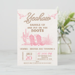 Invitación Cumpleaños de gemelas vaqueras rosa marrón en Rode