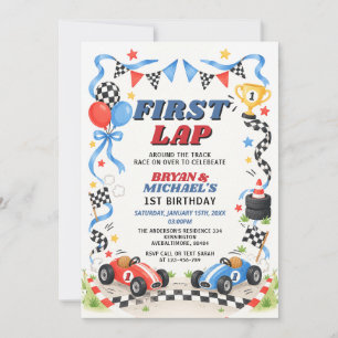Invitación Cumpleaños de gemelos coche de carreras azul y roj