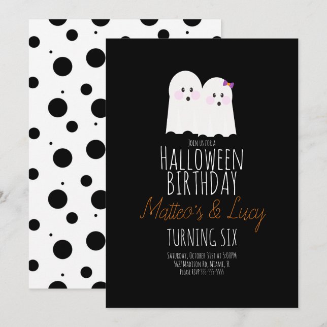 Invitación Cumpleaños de gemelos de Halloween fantasma lindo  (Anverso / Reverso)