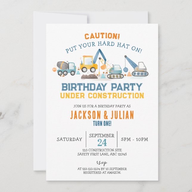 Invitación Cumpleaños de gemelos en construcción, camiones (Anverso)