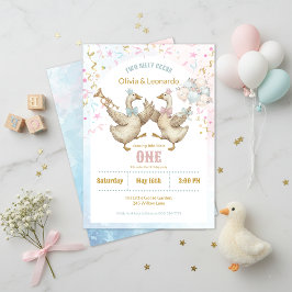 Invitación Cumpleaños de gemelos niño y niña Dos gansos tonto
