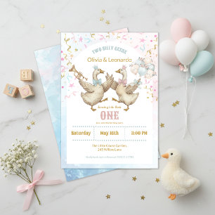 Invitación Cumpleaños de gemelos niño y niña Dos gansos tonto