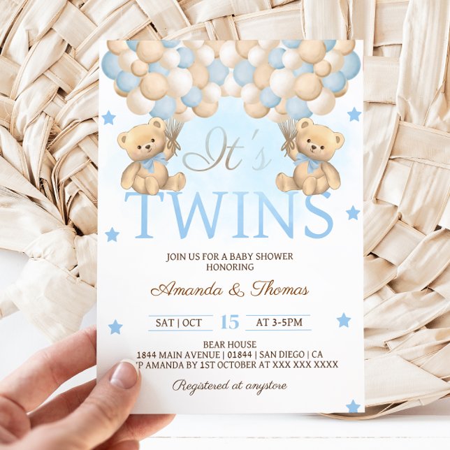 Invitación Cumpleaños de gemelos niños con osos y globos azul (Subido por el creador)