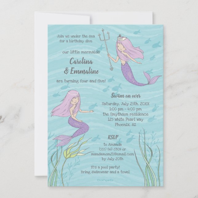 Invitación Cumpleaños de gemelos o hermanas con sirena morada (Anverso)
