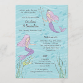 Invitación Cumpleaños de gemelos o hermanas con sirena morada