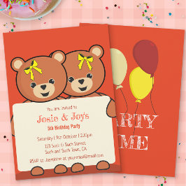Invitación Cumpleaños de gemelos o hermanos ositos de peluche
