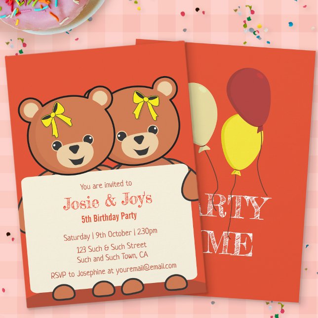 Invitación Cumpleaños de gemelos o hermanos ositos de peluche (Teddy Bear Twins Birthday Party Invitation)