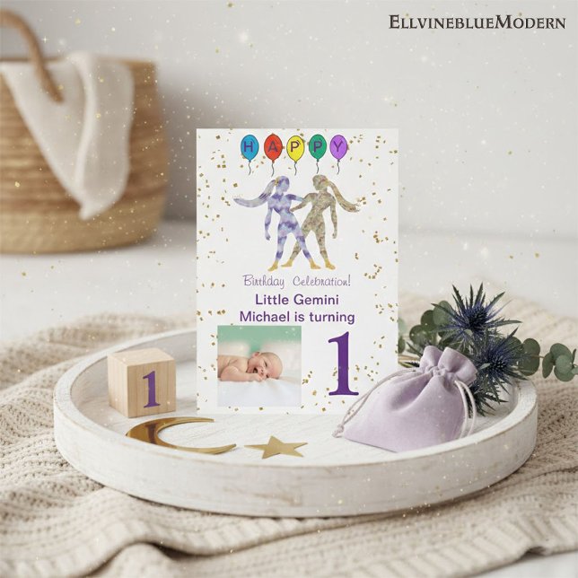 Invitación Cumpleaños de Géminis con Oro, Globos y Foto (Gemini 5” x 7” Photo Invite. Visit Gemini Zodiac Birthday Party Collection for more items.)