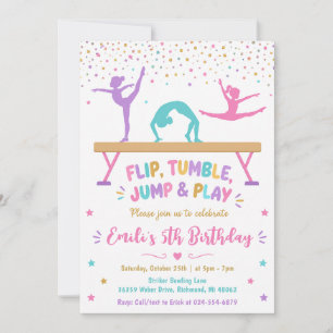 Invitación Cumpleaños de Gimnasia con Purpurina Personalizada