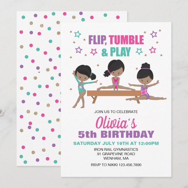 Invitación Cumpleaños de Gimnasia Flip Tumble & Play (Anverso / Reverso)