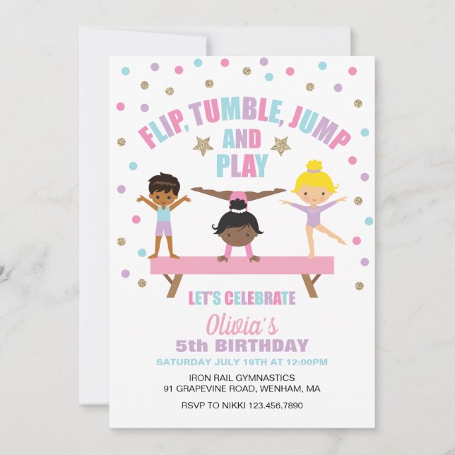 Invitación Cumpleaños de gimnasia pastel (Anverso)