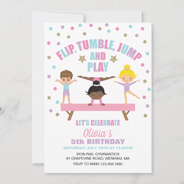 Invitación Cumpleaños de gimnasia pastel (Anverso)