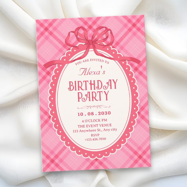 Invitación Cumpleaños de gingham con lazo rosa (Subido por el creador)