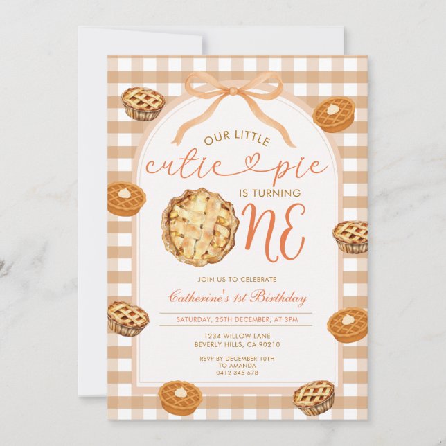 Invitación Cumpleaños de Gingham Neutral Cutie Pie Otoño Ging (Anverso)