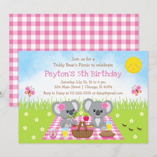 Invitación Cumpleaños de Gingham Rosa de la Excursión del Oso (Anverso / Reverso)