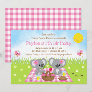 Invitación Cumpleaños de Gingham Rosa de la Excursión del Oso