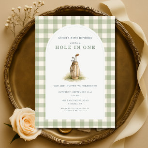 Invitación Cumpleaños de Gingham Verde Sage en el Primer Año