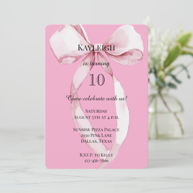 Invitación Cumpleaños de Girly Pink Bow (Anverso de pie)
