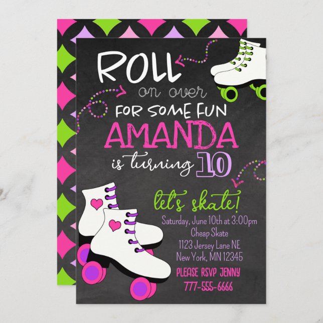 Invitación Cumpleaños de Girly Roller Skyline Chalkboard (Anverso / Reverso)