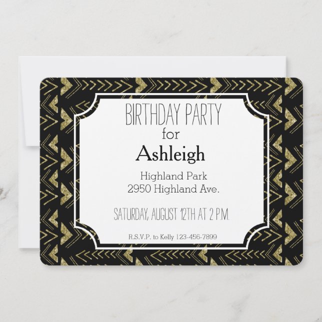 Invitación Cumpleaños de Glam Black and Gold (Anverso)