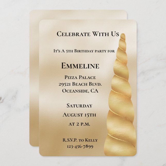 Invitación Cumpleaños de Glam Gold Unicorn (Anverso / Reverso)