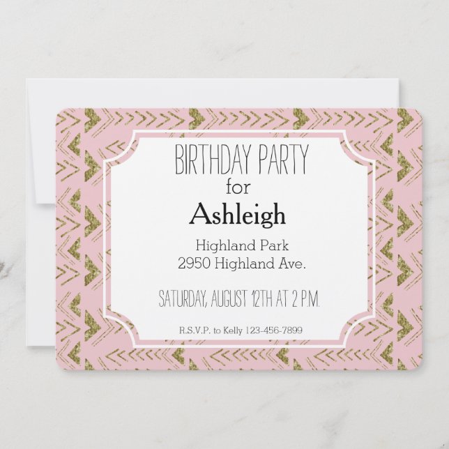 Invitación Cumpleaños de Glam Rosado y Oro (Anverso)