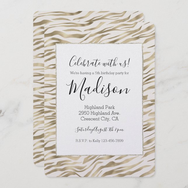 Invitación Cumpleaños de Glitz Print Gold Zebra (Anverso / Reverso)