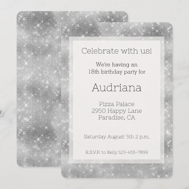 Invitación Cumpleaños de Glitz Sparkle Silver de Borgoña (Anverso / Reverso)