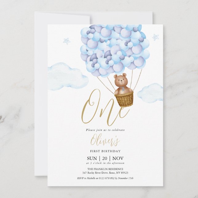 Invitación Cumpleaños de globos azules de osito de peluche (Anverso)