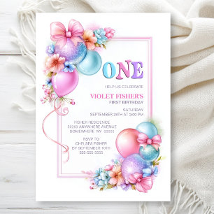 Invitación Cumpleaños de globos, lazos y flores para el prime