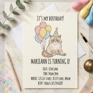 Invitación Cumpleaños de globos pastel de gato gruñón diverti