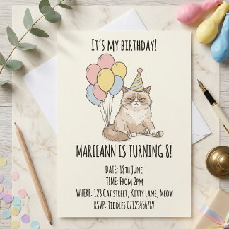 Invitación Cumpleaños de globos pastel de gato gruñón diverti
