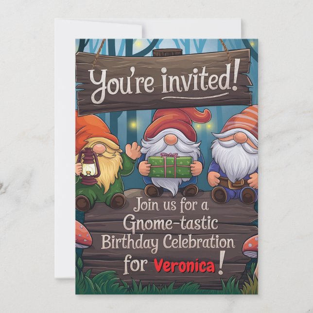 Invitación Cumpleaños de Gnome, Fiesta con un tema forestal d (Anverso)