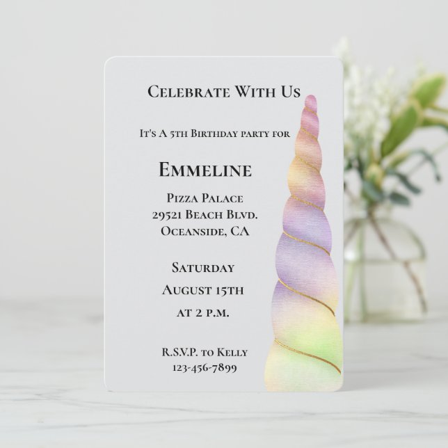 Invitación Cumpleaños de Gold Pink Purple Lime Unicorn (Anverso de pie)