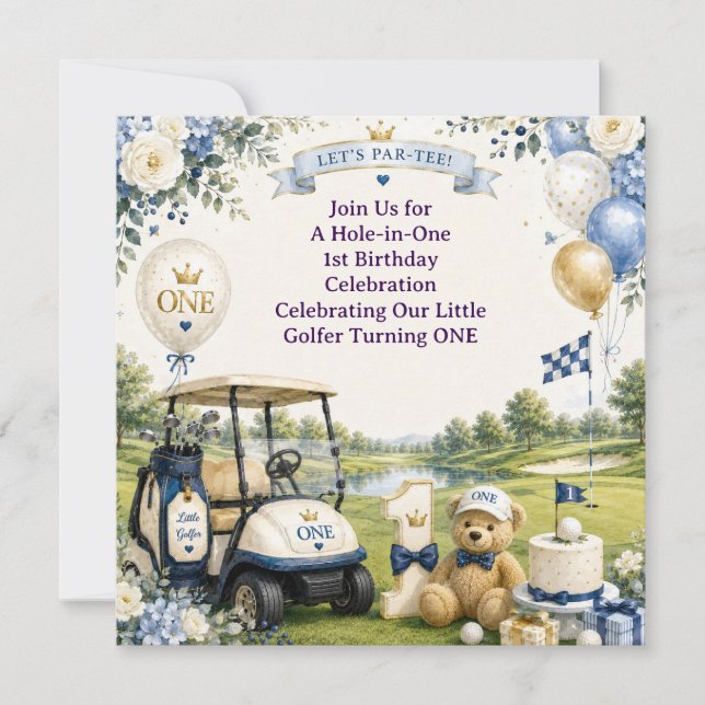 Invitación Cumpleaños de golf 1 año con carrito de golf en gr (Anverso)