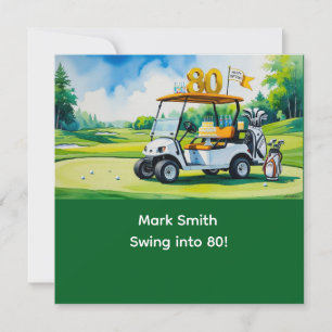Invitación Cumpleaños de golf de 80 años con carrito de golf 