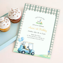 Invitación Cumpleaños de Golf de Gingham Verde Salvia Primero