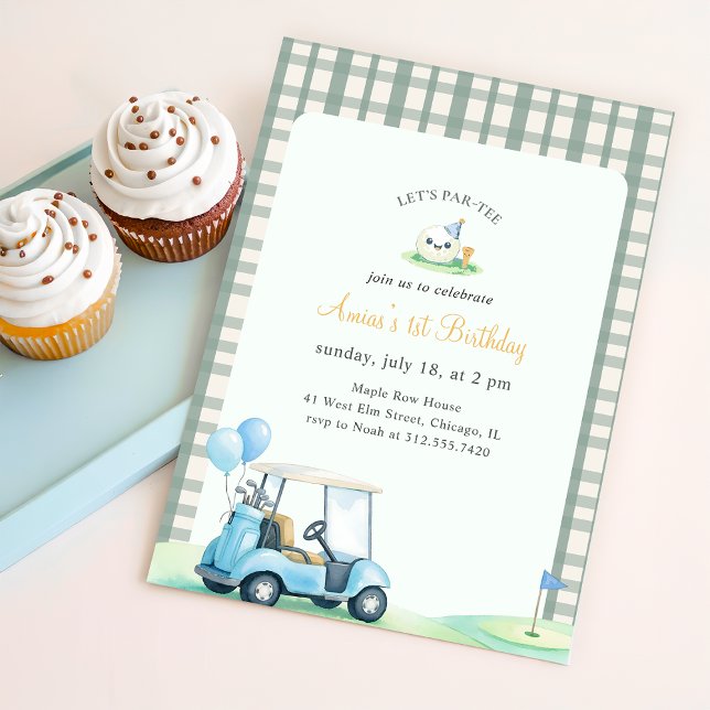 Invitación Cumpleaños de Golf de Gingham Verde Salvia Primero (Subido por el creador)