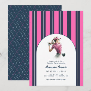 Invitación Cumpleaños de golf femenino elegante con azul mari