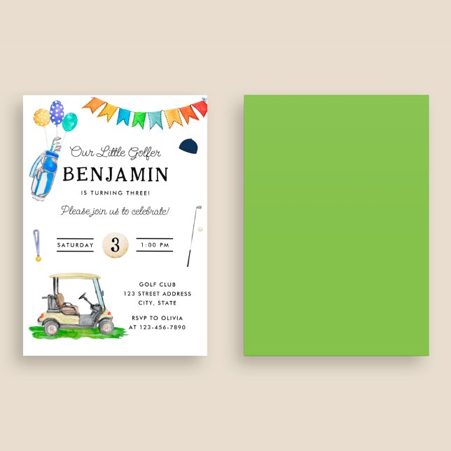 Invitación Cumpleaños de golf infantil de nuestro pequeño gol (Front and Back)