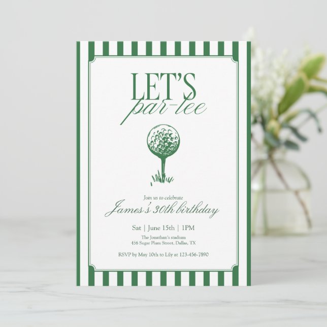 Invitación Cumpleaños de Golf Lets Par Tee con Raya Verde (Anverso de pie)
