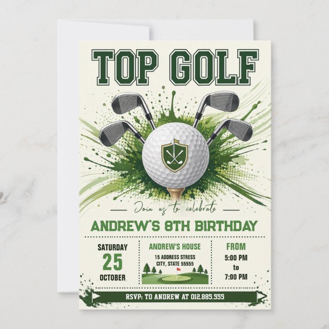 Invitación Cumpleaños de Golf moderno personalizado (Anverso)